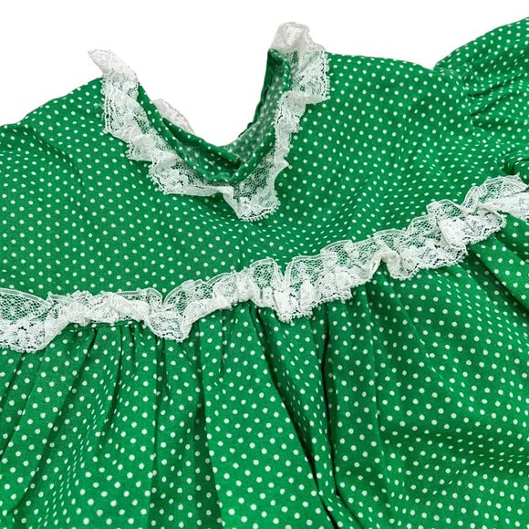 Vintage Handmade Girls Green Polka Dot Spring Dress Lace Trim Front Pockets - Picture 8 of 8
